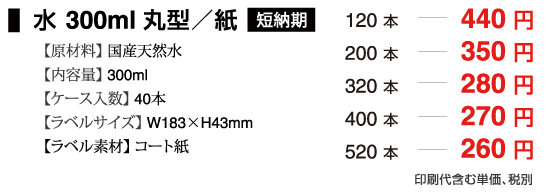 水300ml丸型ボトル紙ラベル短納期