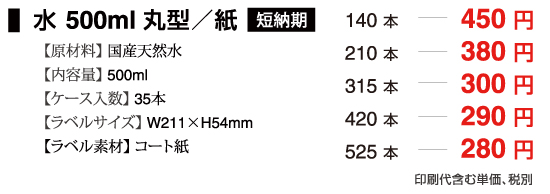 水500ml丸型ボトル紙ラベル短納期